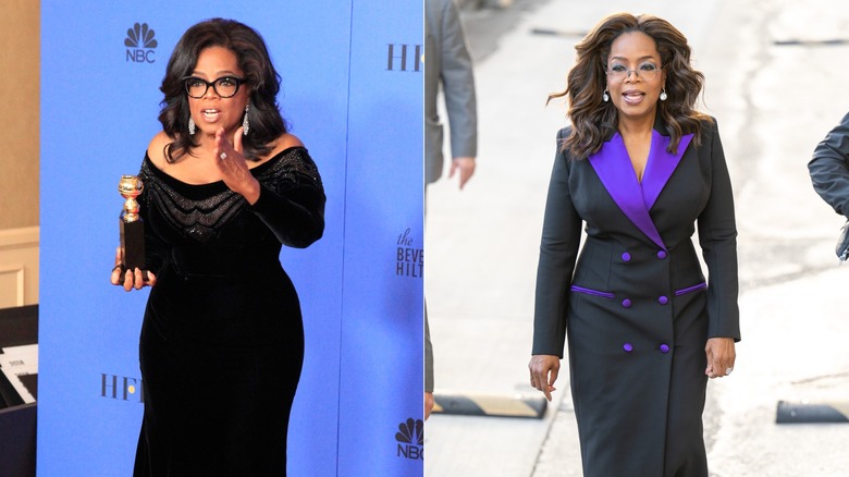 Oprah Winfrey bär en svart klänning / Oprah Winfrey går iklädd en svart och lila kavaj