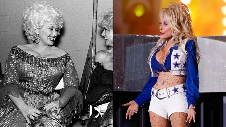 Dolly Parton i en glittrig klänning / Dolly Parton poserar iklädd blå skjorta och vita mikroshorts