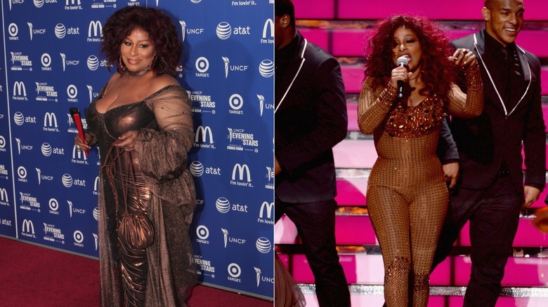 Chaka Khan ler iklädd bronsklänning / Chaka Khan sjunger iklädd brun jumpsuit