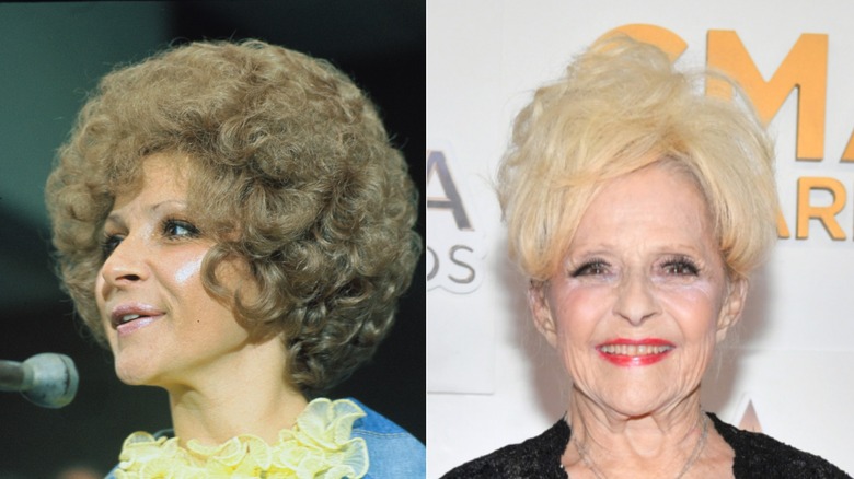 Brenda Lee med en lockig frisyr på 70-talet till vänster och med lätt retad blont hår 2023 till höger.