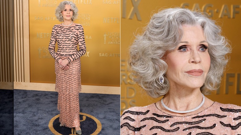Delad bild av Jane Fonda iklädd en glittrande rosa och svart klänning vid 2025 års Screen Actors Guild Awards.