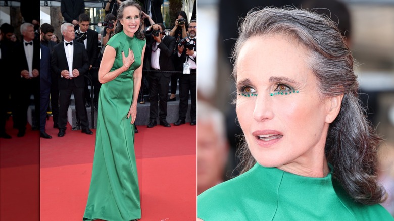 Delad bild av Andie MacDowell klädd i en grön klänning med gröna juvelutsmyckningar under ögonen på filmfestivalen i Cannes 2022.