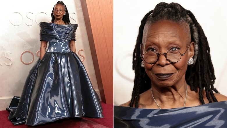 Delad bild av Whoopi Goldberg i en glänsande röd matta klänning vid Oscarsgalan 2025.