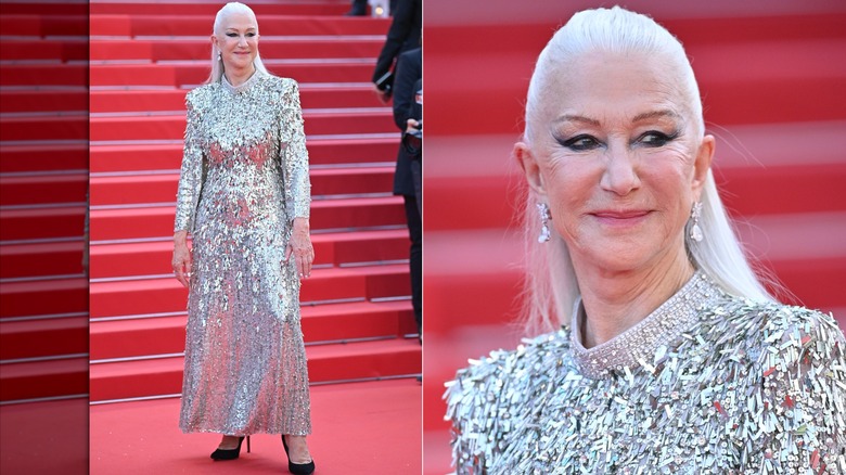 Delad bild av Helen Mirren i en glittrande silverklänning med håret tillbakadraget på filmfestivalen i Cannes 2022.