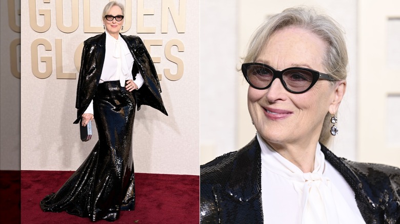 Delad bild av Meryl Streep klädd i en svart paljettkjol och jacka med en vit blus och solglasögon på Golden Globes 2024.