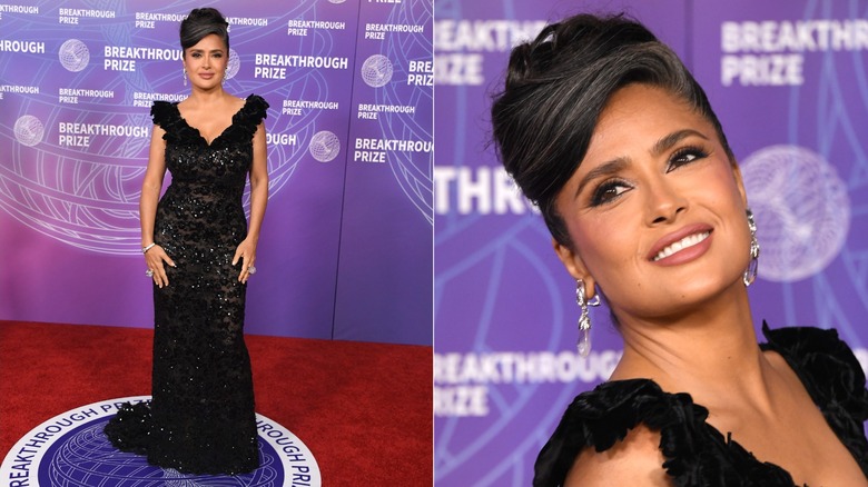 Delad bild av Salma Hayek i en glittrande svart klänning vid Breakthrough Prize Ceremony 2026.
