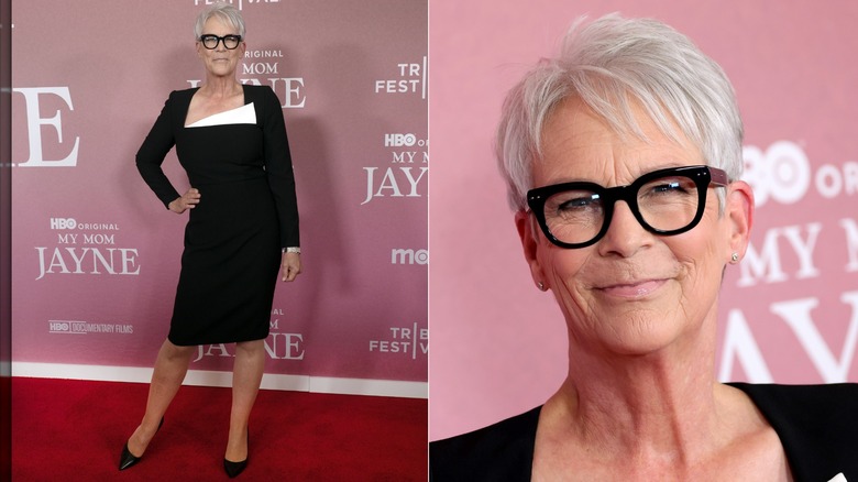 Delad bild av Jamie Lee Curtis klädd i en svart klänning med vit accent på Tribeca Festival 2025.