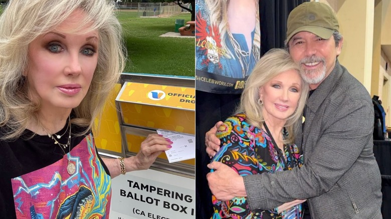 Morgan Fairchild klädd i färgglada kläder.