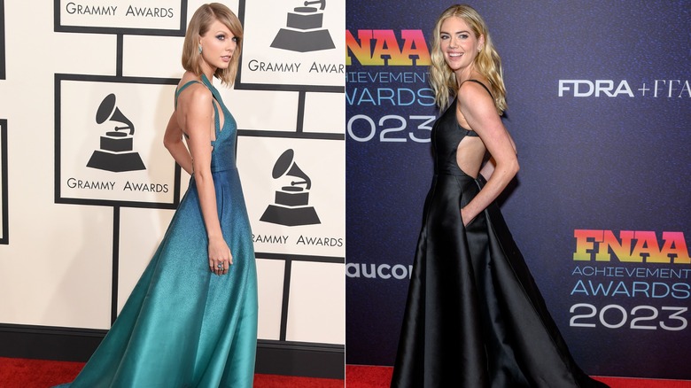 Sida vid sida: (L) Taylor Swift bär en grön klänning vid 2015 års Grammys, (R) Kate Upton bär en svart klänning vid den 37:e årliga Footwear News Achievement Awards 2023