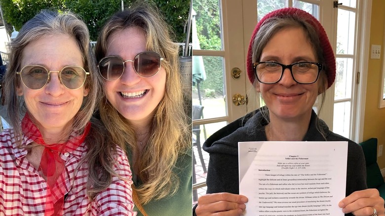 Bild sida vid sida av Helen Slater med sin dotter och håller i en uppsats