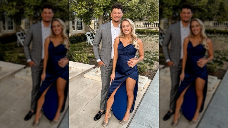 Brittany Mahomes och Patrick Mahomes poserar tillsammans på ett godsbröllop.
