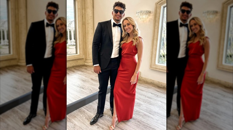 Brittany Mahomes och Patrick Mahomes på en väns bröllop 2024.