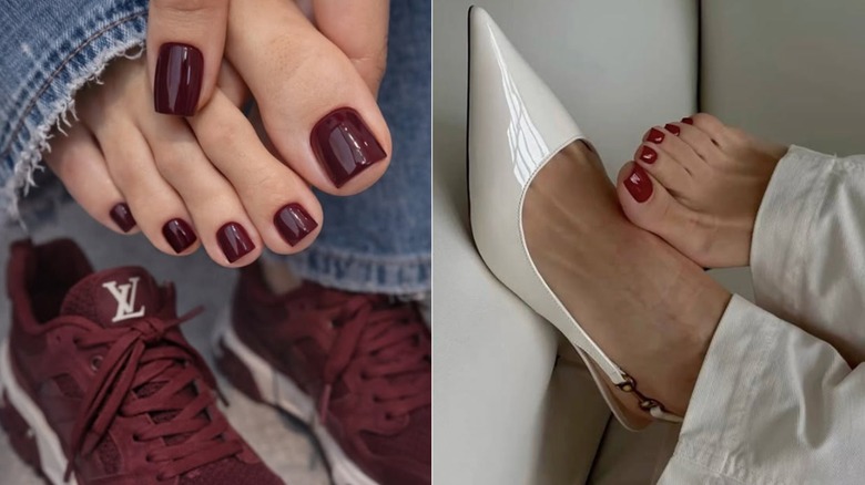 Närbild av en person som bär jeans med vinrött nagellack till vänster och en person med vinrött nagellack som bär en vit sko till höger.