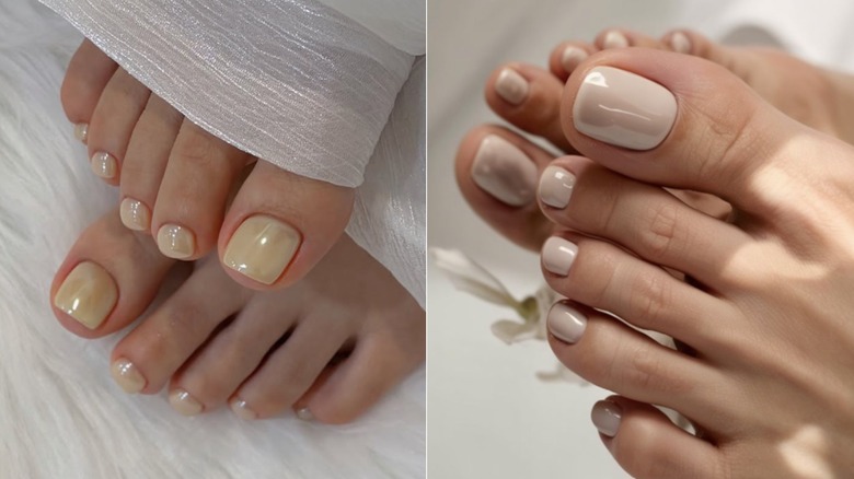 Cole up shot av en persons fötter med pärlemorfärgat nagellack till vänster och en pedikyr med ljusbrunt nagellack till höger.