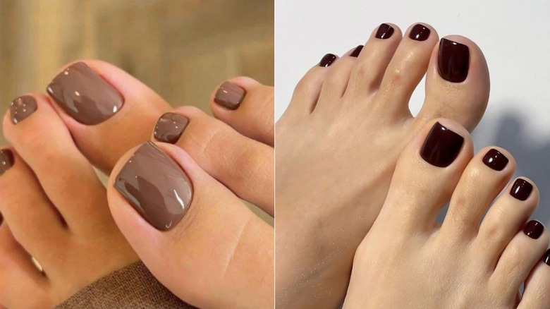 Pedikyr med mjölkchokladbrunt tånagellack till vänster, och pedikyr med mörkt chokladbrunt tånagellack till höger.