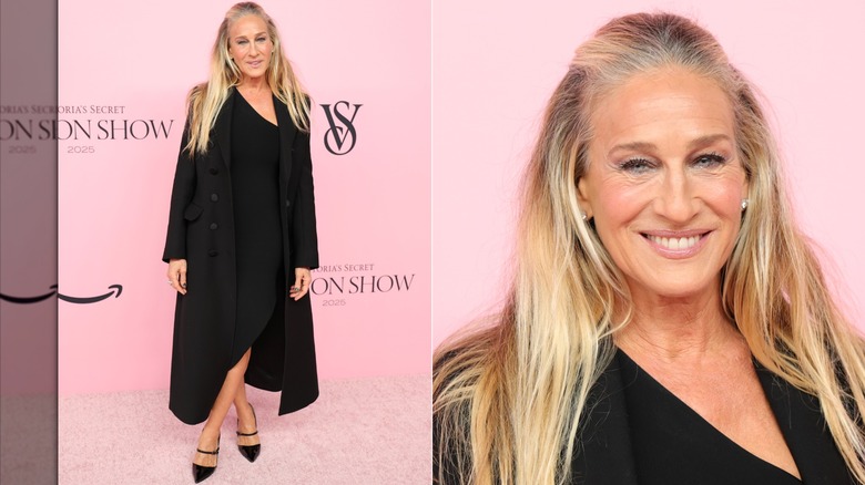 Delad bild av Sarah Jessica Parker iklädd en svart outfit på Victoria's Secret Fashion Show 2025.