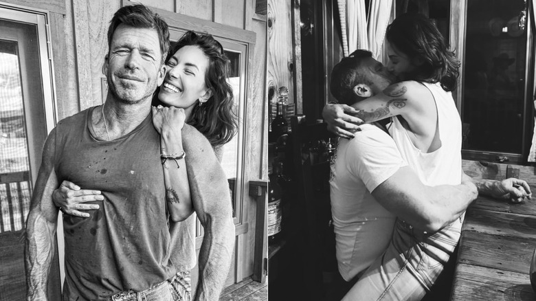 Två foton sida vid sida av Taylor Sheridan och hans fru Nicole Sheridan i tillgivna svartvita bilder.