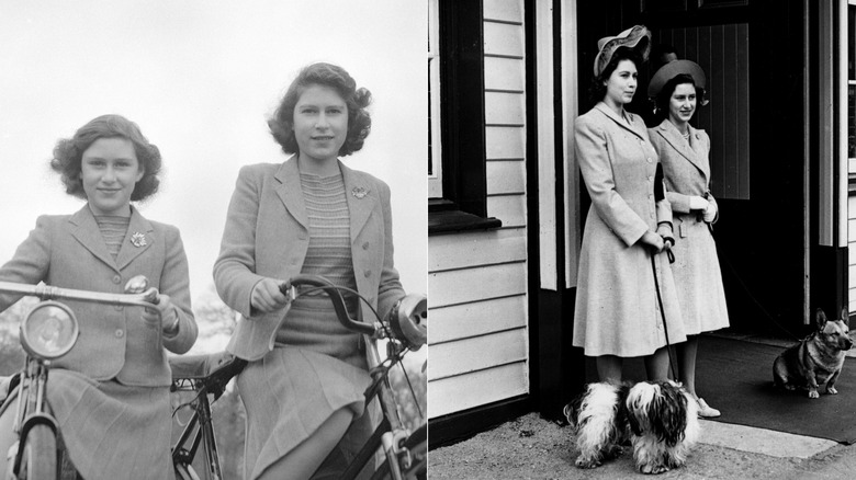 Drottning Elizabeth och prinsessan Margaret som unga kvinnor som bar matchande kläder på 1940-talet