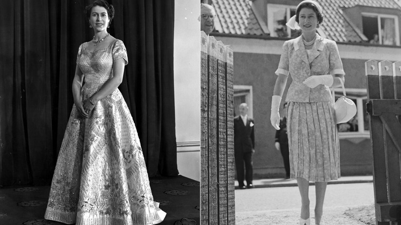 Drottning Elizabeth II i sin kröningsklänning och i en kjol på 1950-talet