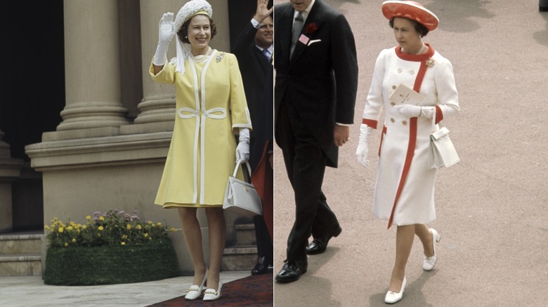 Drottning Elizabeth II i en gul klänning och en vit-röd klänning