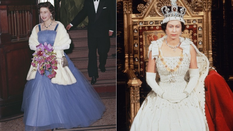 Drottning Elizabeth II på 1960-talet klädd i en formell balklänning med en pälsstole och satt i parlamentet med sina regalier
