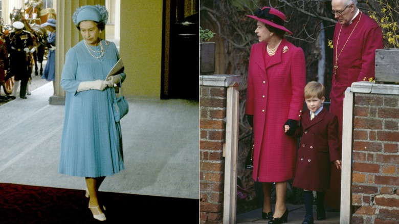 Drottning Elizabeth II i blå klänning och röd kappa på 1980-talet