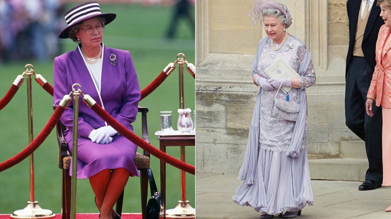 Drottning Elizabeth II i lila kavaj och kjol och en lila klänning på 1990-talet