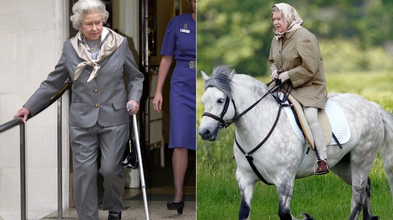 Drottning Elizabeth II iklädd grå kostym och ridutrustning på 2000-talet