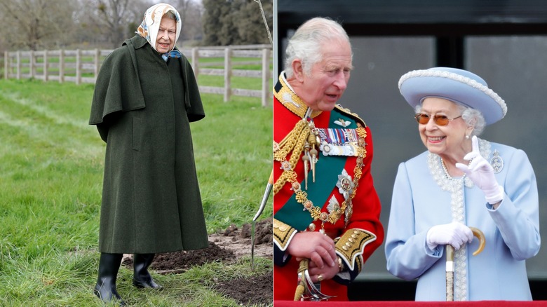 Drottning Elizabeth II bär en grön cape och en lila kappa och matchande hatt på 2020-talet