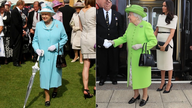 Drottning Elizabeth II klädd i en blå rockklänning och en limerock på 2010-talet