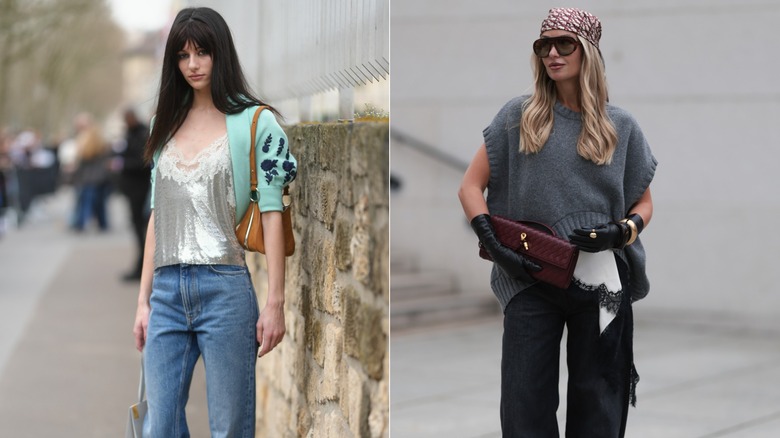 En gäst under Paris Fashion Week klädd i en camisole med spets och paljetter och en mintgrön kofta till vänster, och Olga Liber klädd i en grå stickad väst och en spetstrimmad camisole till höger.