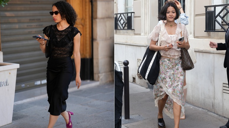 En gäst under Paris Fashion Week klädd i en svart camisole och spetstopp till vänster, och en gäst under Paris Fashion Week klädd i en spets camisole och en skir volangblus till höger.