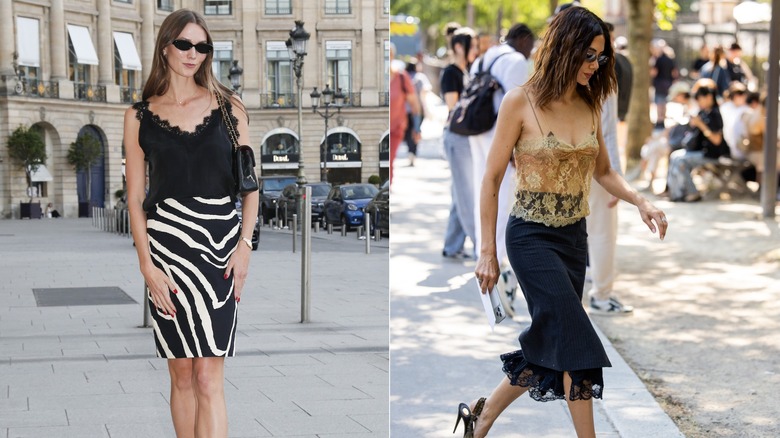 Karlie Kloss klädd i en svart spets camisole och tryckt pennkjol till vänster, och Christine Centenera klädd i en guld spets camisole och kritstrimmig kjol under Paris Fashion Week till höger.