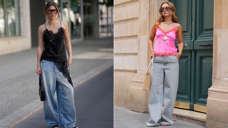 Sophia Geiss bär en svart spets camisole och baggy blå jeans till höger, och Merve Gorgoz bär en rosa och orange spets camisole och baggy blå jeans till höger.