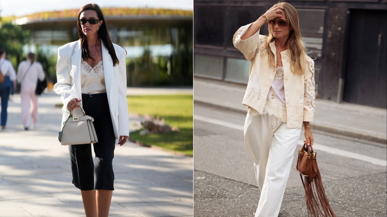 Köpenhamns modevecka gästar i en vit kavaj och elfenbensfärgad spets camisole till vänster, och Olivia Anna-Catharina i en broderad jacka och spets camisole under Copenhagen Fashion Week till höger.