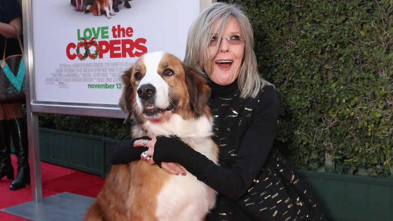 Diane Keaton kramar en hund på Love the Coopers-premiären 2015.