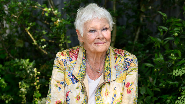 Dame Judi Dench sitter i en trädgård