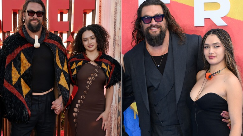 Lola Momoa poserar med pappa Jason Momoa i Hawaii-inspirerade outfits 2025 till vänster och båda på röda mattan 2026 till höger.