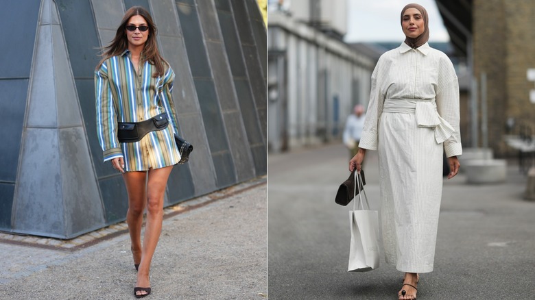 En gäst i en grön, blå och vit randig skjortklänning under Köpenhamns modevecka i augusti 2026 / A guest wearing a white shirt dress with pinstripes and a brown hijab under Copenhagen Fashion Week i juli 2026