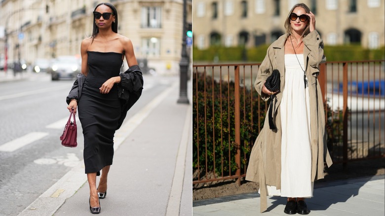 Emilie Joseph i en svart axelbandslös bodycon-klänning och med en jacka och vinröd väska i Paris i april 2026 / En gäst iförd en vit axelbandslös maxiklänning, en beige trenchcoat och loafers under Köpenhamns modevecka i juli 2026