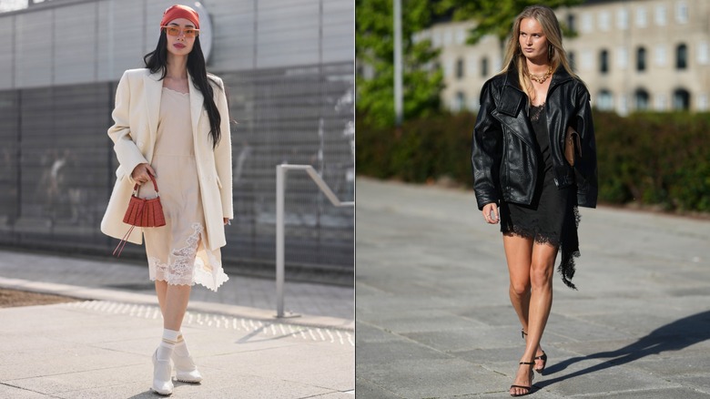 Heart Evangelista i en krämfärgad slipklänning och kavaj under Paris Fashion Week i mars 2026 / En gäst som bär en svart slipdress i en svart skinnjacka under Köpenhamns modevecka i juli 2026