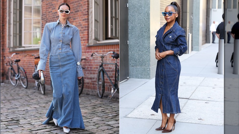 En gäst som bär en maxiklänning i lätt tvättad jeans under Köpenhamns modevecka i augusti 2026 / Kara Young utanför 