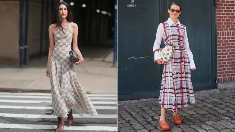 Danielle Smith bär en beige och vit rutig grimklänning utanför Kallmeyer-visningen under New York Fashion Week i september 2025 / En gäst i en färgstark rutig klänning och vit knappskjorta under Köpenhamns modevecka i augusti 2026