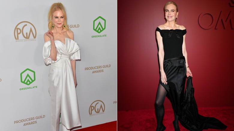 (L) Nicole Kidman ler iklädd en vit puff-axel klänning (R) Nicole Kidman poserar iklädd en svart topp och satinkjol