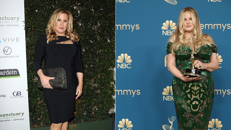 (L) Jennifer Coolidge surrar i en svart klänning (R) Jennifer Coolidge poserar med en Emmy-utmärkelse iklädd en velourgrön off-the-shoulder klänning