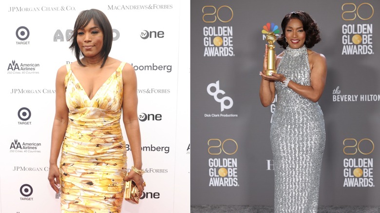 (L) Angela Bassett ler iklädd en blommig gul klänning (R) Angela Bassett ler iklädd en silverhalsad klänning