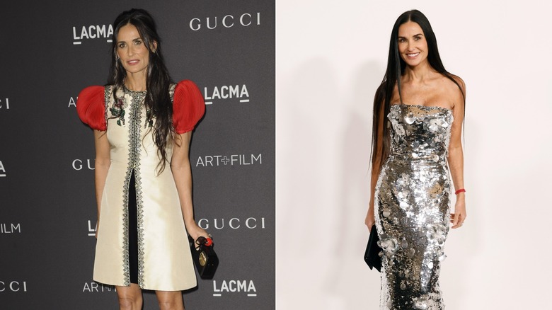 (L) Demi Moore ler iklädd en vit kort klänning med röda puffärmar (R) Demi Moore ler iklädd en paljettprydd klänning