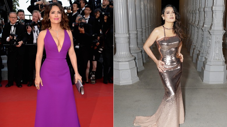 (L) Salma Hayek ler iklädd en djupt skuren lila klänning (R) Salma Hayek poserar iklädd bronsklänning