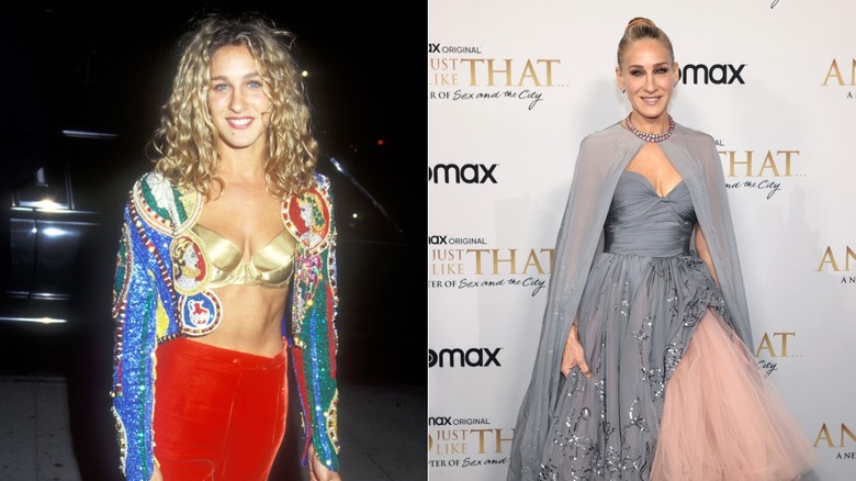 (L) Sarah Jessica Parker ler i en guldbralette och en utsmyckad jacka (R) Sarah Jessica Parker poserar i en grå cape och en rosa tyllkjol