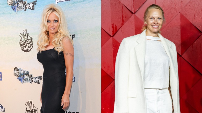 (L) Pamela Anderson ler iklädd en svart klänning (R) Pamela Anderson ler iklädd vita byxor, en vit tröja och en krämfärgad kavaj draperad över hennes axlar